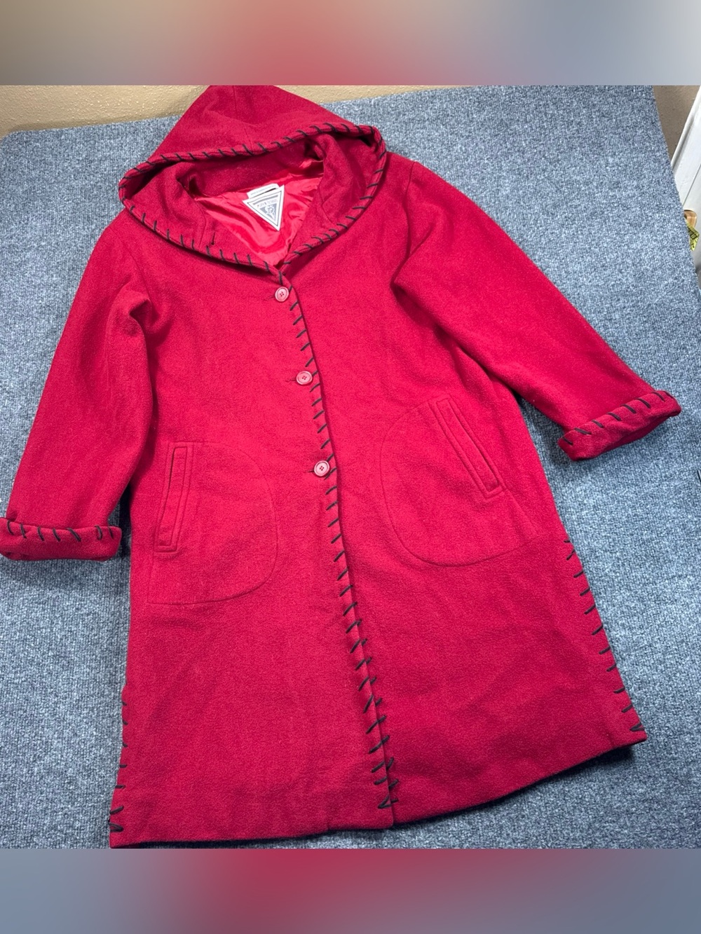 Marvin Richards Bright Red Hooded Wool-Blend Trench Coat with Contrast Stitching